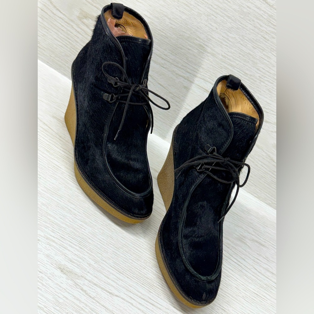 Philip Lim Black Ponyhair Calf hair Hair-on-Hide Gum sole wedge boots sz 9.5